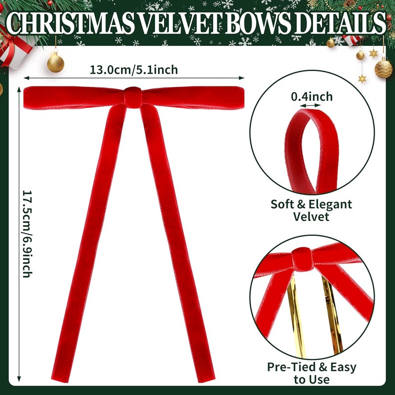 Lavwix 40Pcs Velvet Ribbon Bows, 5x7 Inch Pre-Tied Bows Christmas Ornaments for Xmas Tree, Garland, Wreath, Gift and Holiday Home Décor (5 x 7 Inch, Width of 3/8",Red) - Image 2